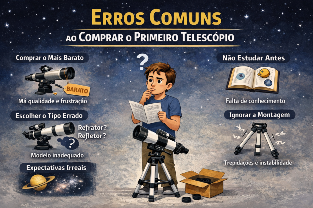 Titulo "erros mais comuns"Tem 3 telescópios uma pessoa em interrogação.
